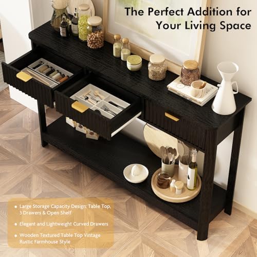 RUSTOWN Fluted Wood Console Table with 3 Drawers, 47.2" Boho Entryway Table
