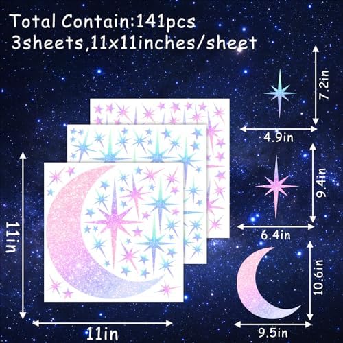 Retro Star Wall Decals Sparkle Wall Decor Stickers Rainbow Stars Moon Decal