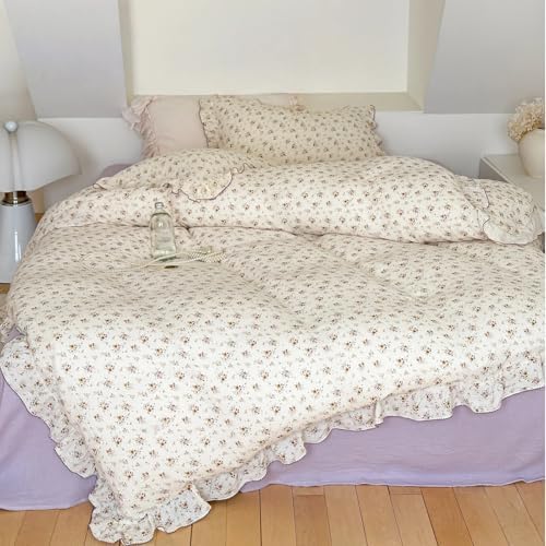 BuLuTu Chic Shabby Floral Duvet Cover Twin Kids Girls Boys Bedding Set - Soft Breathable Cotton Muslin Ruffles Comforter Cover Twin + 2 Pillowcases Standard, Crapemyrtle Pattern
