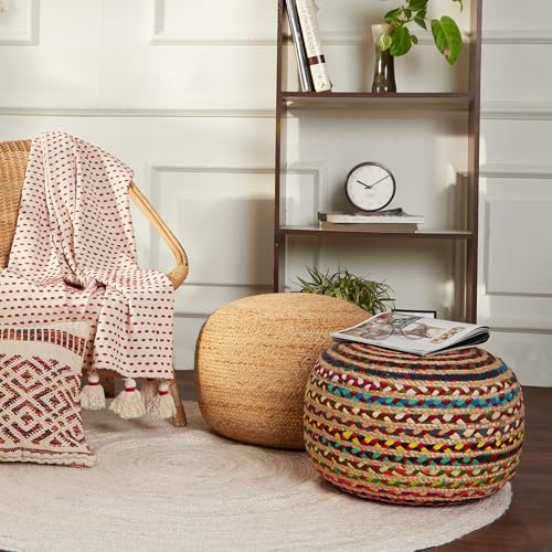 · REDEARTH · Jute Braided Pouf - Circular Boho Foot Stool - Multi, Set of 2