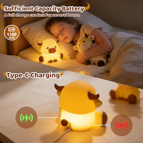Cute Highland Cow Rechargeable Night Light, LED Touch Silicone Lamp for Bedroom with 7 Colors Timer and Dimmable Squishy Warm Night Lights, Novelty Animal Lamp for Nursery Birthday Gift