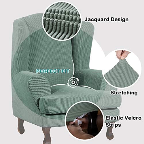 Turquoize Wingback Chair Covers 2 Piece Wing Chair Slipcover Stretch Slipcovers for Wingback Chairs Wing Chair Cover Spandex Jacquard Fabric with Elastic Bottom Non-Slip Furniture Cover, Cyan