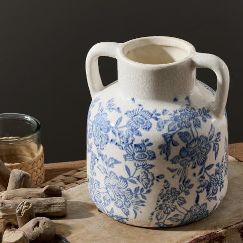 Ceramic Vase with Handles, Vintage Utensil Holder, Flower Decorative Vase Chinoiserie Decor Rustic Farmhouse Retro Floral Vases for Table Bookshelf Mantel Kitchen Living Room Office - 6.7” Blue 017
