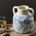 Ceramic Vase with Handles, Vintage Utensil Holder, Flower Decorative Vase Chinoiserie Decor Rustic Farmhouse Retro Floral Vases for Table Bookshelf Mantel Kitchen Living Room Office - 6.7” Blue 017