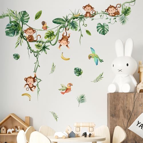 Monkey Climbing Tree Wall Decals Jungle Leaves Birds Wall Stickers
