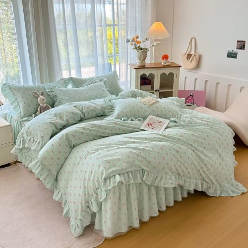 Green Cherry Duvet Cover Full Size with 2 Pillowcases,Cute Bedding