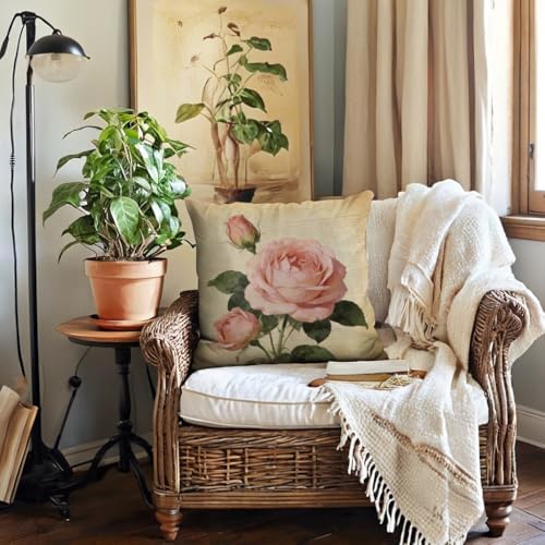 7COLORROOM Decorative Romantic Flower Pillow Cover Vintage Shabby Chic Peach Pink Rose Floral Cushion Cover Square Cotton Linen Pillowcase for Sofa Bedroom Car 18x18 Inch Set of 2 (Peach Pink)
