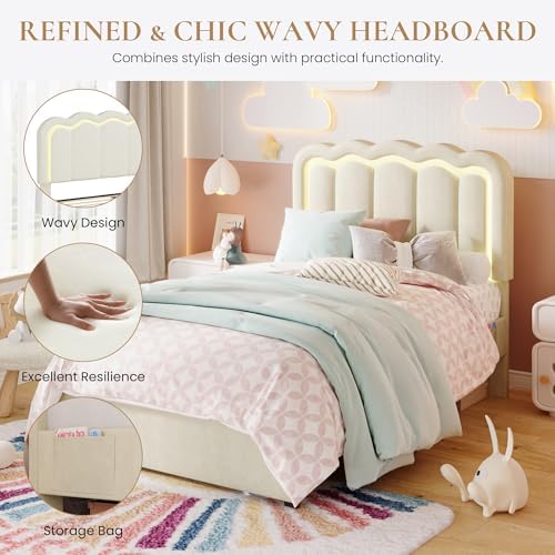 SHA CERLIN Twin Size Bed Frame with LED Lights and Storage Drawer, Cream