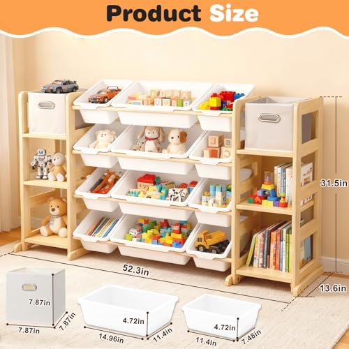Extra Large Toy Storage Organizer for Kids - 3-in-1 Wooden Bookshelf with 6 Shelves, 12 Bins + Free 2 Storage Boxes, Anti-Tip for Playroom/Nursery