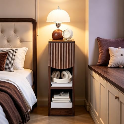 CHOEZON Narrow Fluted Nightstand, Slim Nightstand with Drawer and Open Shelves, 7.9" Skinny Side Table, Bedside Table for Small Spaces, Floating End Table for Bedroom, Living Room, Walnut MBZ18HT