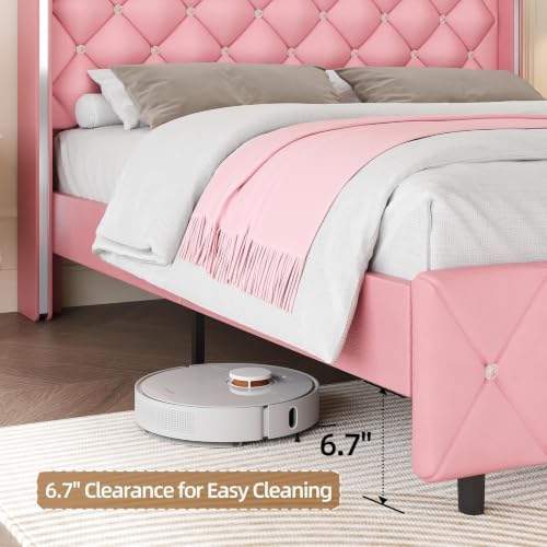 HOMBCK Queen Size Bed Frame with PU Headboard, Silverside Wingback, Pink