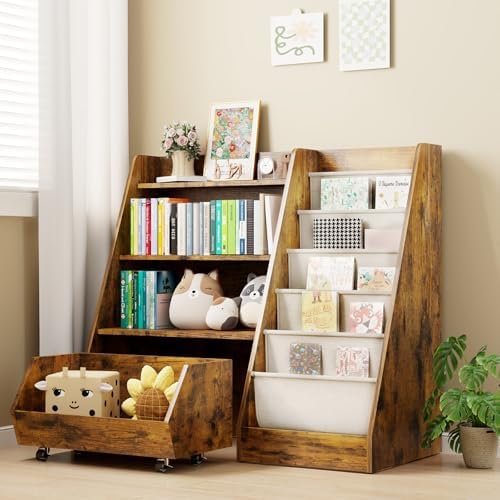 COZPAW Kids Bookshelf and Toy Storage, 4 Tier Toddler Bookshelf with Movable Drawer (Brown)