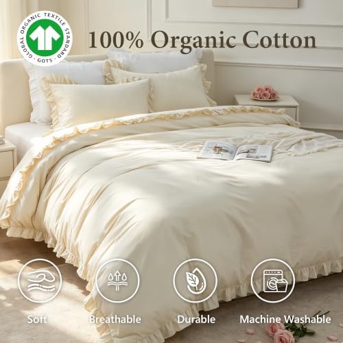 Simple&Opulence Kids 100% Organic Cotton Duvet Cover with Ruffle 68 x 86-2 PCS High End Floral Frill Lace Bedding, Romantic Cottagecore Style Comforter Cover with 1 Pillowcase, Beige Twin