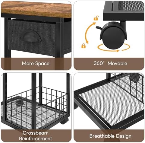 Hayexiha 3-Tier Side Table with Wheels and 360° Rotation, C Table with Drawer, End Table for Couch, Space Saving Small Desk for Narrow Space, TV Tray, Vintage Bedside Table for Living Room, Bedroom