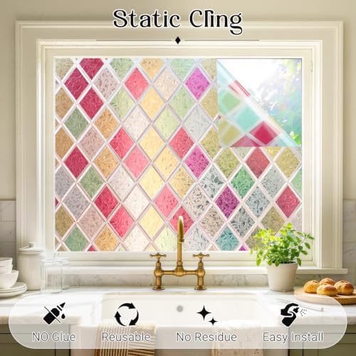 Haton Stained Glass Window Privacy Film, Colorful Diamond Lattice