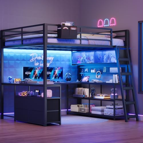 ADORNEVE Gaming Loft Bed Full Size with U-Shaped Desk & RGB Cabinet, Black