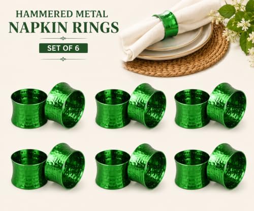 ITOS365 Green Napkin Rings Set of 6, Handmade Hammered Metal Napkin Ring Holders for Dining Table, Wedding, Parties & Everyday Table Decor