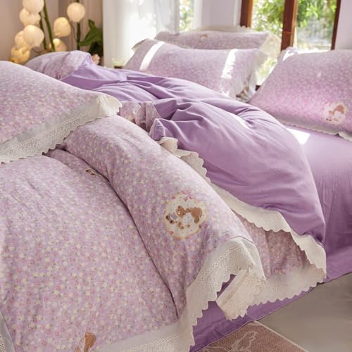 HighBuy Purple Floral Muslin Duvet Cover Twin XL,Ruffle Lace Vintage Floral Bedding Set for Girl College,Gauze Yarn-Dyed Cotton Comforter Cover with Zipper,Breathable,3 Piece,All Season