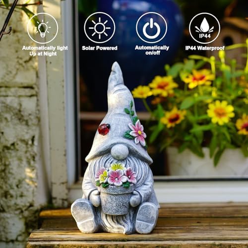Goodeco Solar Sitting Gnome with LED Flower Light Garden Decor