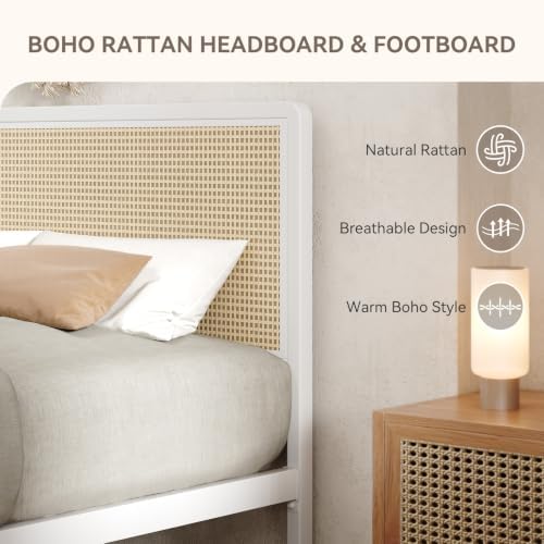IMMERSTABLE Rattan Queen Bed Frame with Headboard, Boho Queen Metal Platform Bed Frame with Steel Slats, Under Bed Storage, Rounded Corners, No Box Spring Needed, Quiet Design, Easy Assembly, White