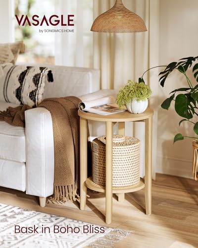VASAGLE Round Side End Table, 2-Tier Boho Bedside Table with Rattan-Look