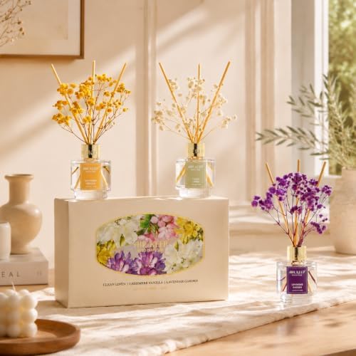 Airkeep Reed Diffuser Set of 3,Clean Linen Cashmere Vanilla Lavender Garden Oil Reed Diffusers for Bedroom Living Room Office Aromatherapy Oil Reed Diffuser for Gift 50ml x 3