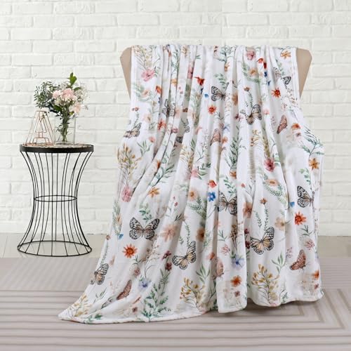 Floral Blanket Butterfly Wildflower Throw Blankets Colorful Flowers Botanical Plant Leaf Blanket Soft Cozy Flannel Fleece Bed Blankets for Couch Sofa Bed Lounging