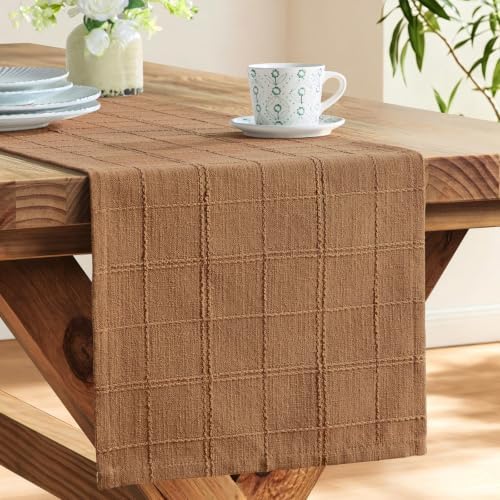 ZeeMart Linen Checked Farmhouse Table Runner, 13x48 Inches Caramel