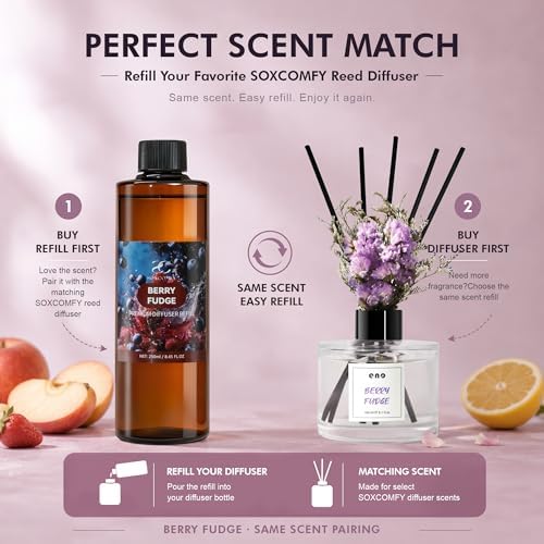 Diffuser Oil Refill, 250ml / 8.45 fl oz, Berry Fudge - Reed Diffuser Oil Refill for Home Fragrance, Scented Oil for Reed Diffuser Bottles, Apple, Strawberry & Caramel Notes