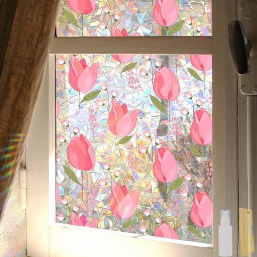 Window Film,Rainbow Window Privacy Film,17.5" x 78.7"Tulip Vine Double Sided Static Glass Window Clings Stickers for Home Office Living Room Bathroom Glass Windows Door Decor