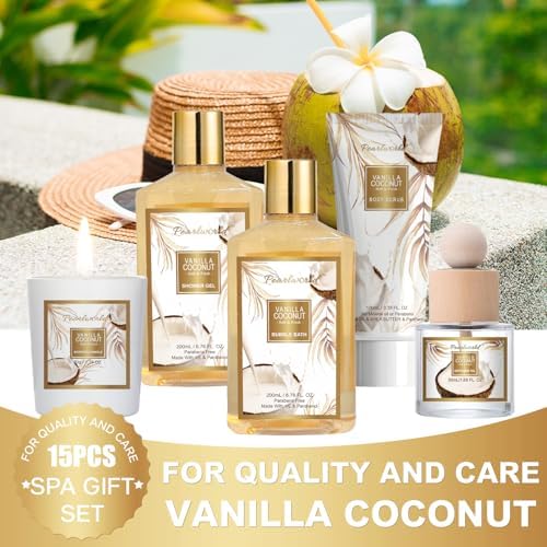 Birthday Gifts Basket for Women, 15pcs Vanilla Coconut Bath Set with Shower Gel, Bubble Bath, Diffuser Oil, Scented Candle, Skin Care Kit Birthday Gift for Women