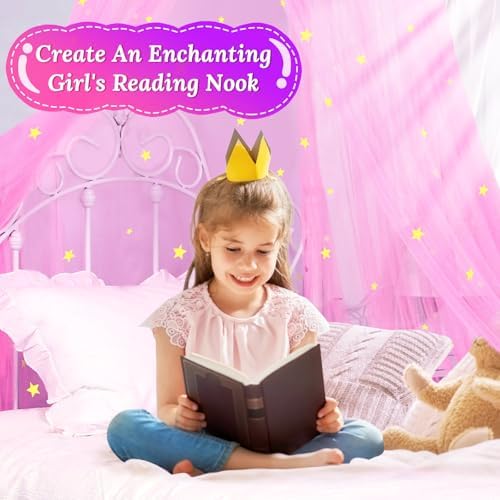 South to East Pink Bed Canopy for Girls with Glowing Stars, Gift for Girl