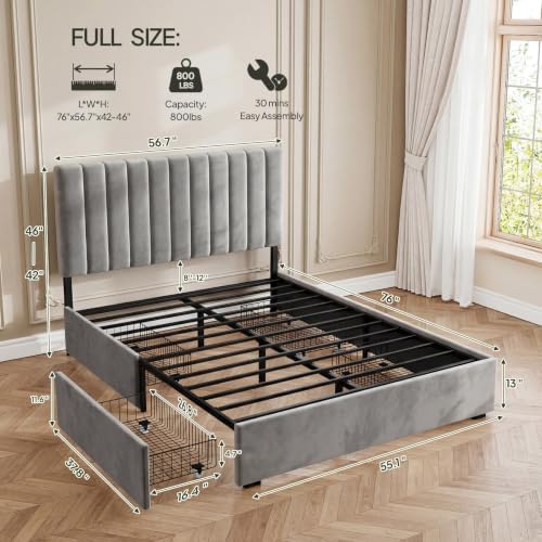 Welzona Full Size Upholstered Bed Frame with Headboard & 4 Drawers, Grey