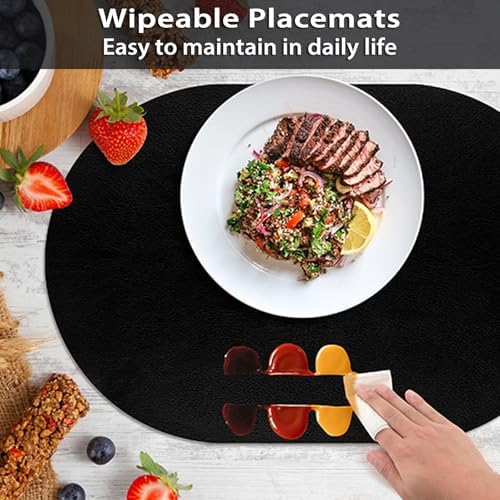 ADRIMER Oval Placemats Set of 4, Wipeable Faux Leather, Black