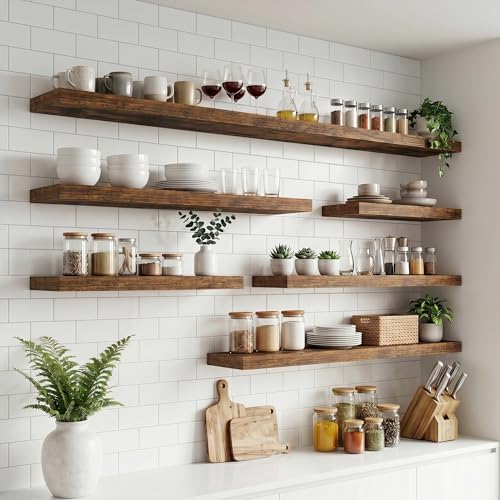 55 Inch Floating Shelves for Wall, 8"D Wood Storage Shelves, Brown Finish
