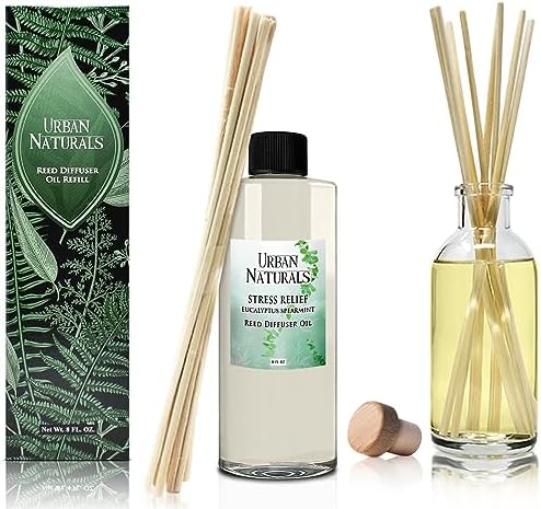 Urban Naturals Reed Diffuser Oil Refill Eucalyptus Spearmint with Lemon Peel, Clary Sage 8 oz + Free Reed Sticks, Made in the USA