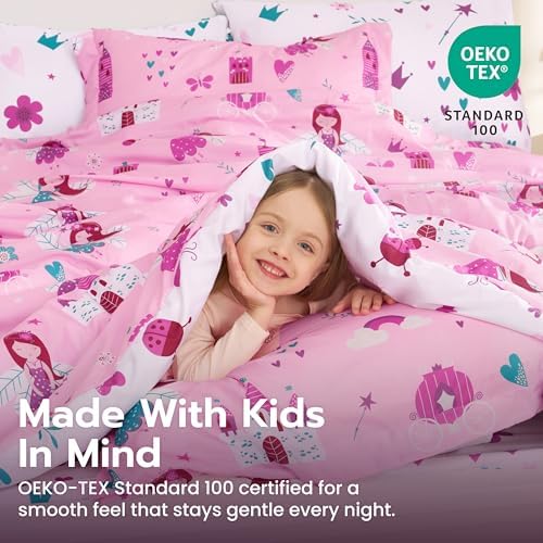 Joiedomi Kids Comforter Set Bedding Set for Boys Girls Super Soft Microfiber Bed in a Bag with Comforter Sheets Pillowcase Sham, Pink Princess, Twin