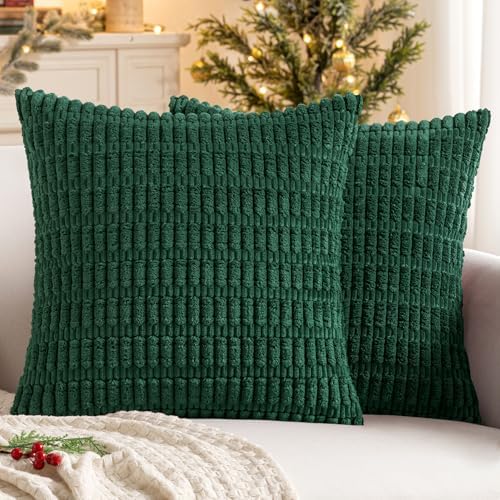MIULEE Corduroy Decorative Throw Pillow Covers 12x12 Dark Green Pack of 2
