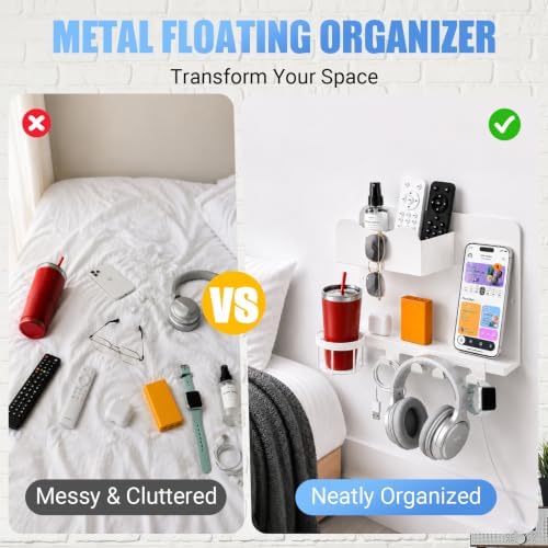 Metal Bedside Wall Shelf, No Drill Floating Bedside Shelf Wall Organizer