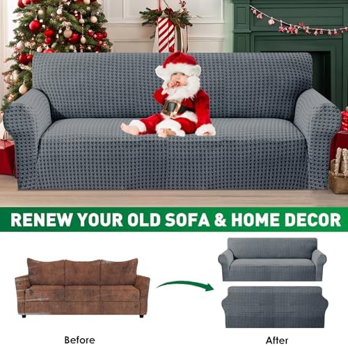 MAXIJIN Stretch Couch Cover Sofa Covers for 3 Cushion Couch (71"-91" Washable Sofa Slipcovers with Non-Slip Foam & Elastic Strap, Dog Cat Pet Friendly Furniture Protector (Large, Dark Gray)