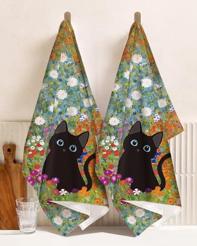 Miss Adola Cute Kitchen Towels Set of 2, 18 x 26 Inch, Black Cat Flower