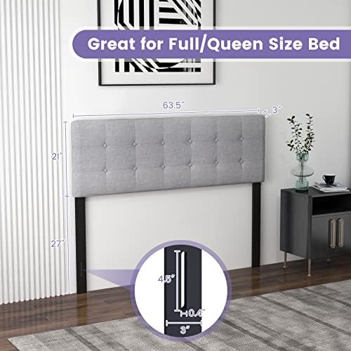 KOMFOTT Linen Upholstered Headboard for Full & Queen Size Bed Frame, Modern Tufted Button Bed Headboard with Solid Rubber Wood Legs, Rectangular Headboard with Adjustable Width, Gray