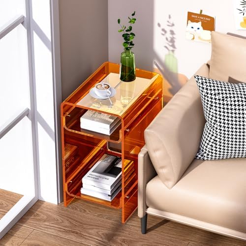 Clear Acrylic Side Table, Narrow Nightstand Bedside Table for Bedroom, Skinny Small End Table (Orange Wide, 11.8'' x 15.7'' x 21.7")