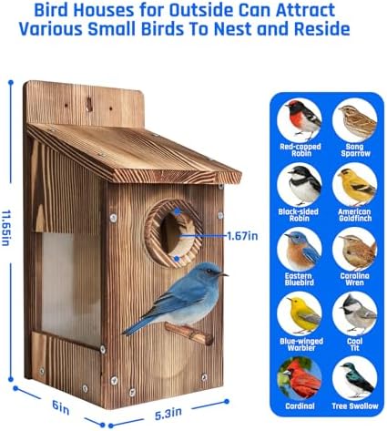 Natural Wood Birdhouse for Outside, Wooden Nesting Box with Circular Entrance Hole and Perch， Blue Bird Houses for Outdoors with Clear View Panel & Predator Guard for Blue Robin, Wren, Swallow