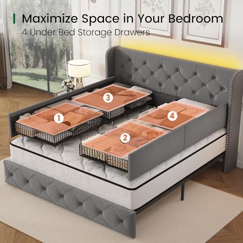 LARMACE Queen Size Bed Frame with LED Lights and 4 Storage Drawers Linen Upholstered Platform Bed Frame with 47.2" Tall Tufted Headboard Wingback, No Box Spring Needed, Easy to Assemble, Grey
