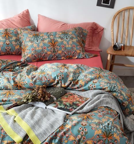 Green Flower Duvet Cover Set Twin,Aesthetic Boho Bedding Set Percale Cotton Royal Floral Comforter Cover with Zipper Closure