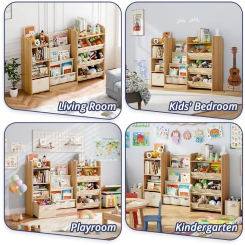 Kids Bookshelf and Toy Storage with 7 Removable Bins, 52 inch, Burlywood