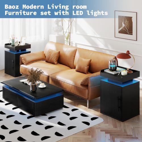 Baoz Black Nightstands Set of 2 with Door,Led Modern Bedside Table
