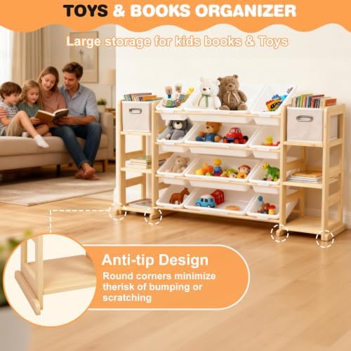 Extra Large Toy Storage Organizer for Kids - 3-in-1 Wooden Bookshelf with 6 Shelves, 12 Bins + Free 2 Storage Boxes, Anti-Tip for Playroom/Nursery