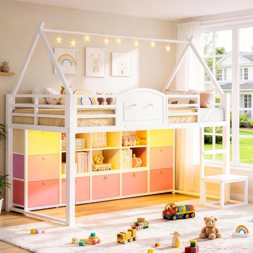 Low Loft Bed Twin Size with 9 Storage Drawers, Bookcase and LED Lights, House-Shaped Metal Twin Loft Bed with Step Stool and Safety Guardrail, Kids Loft Bed with Under-Bed Play Space, White